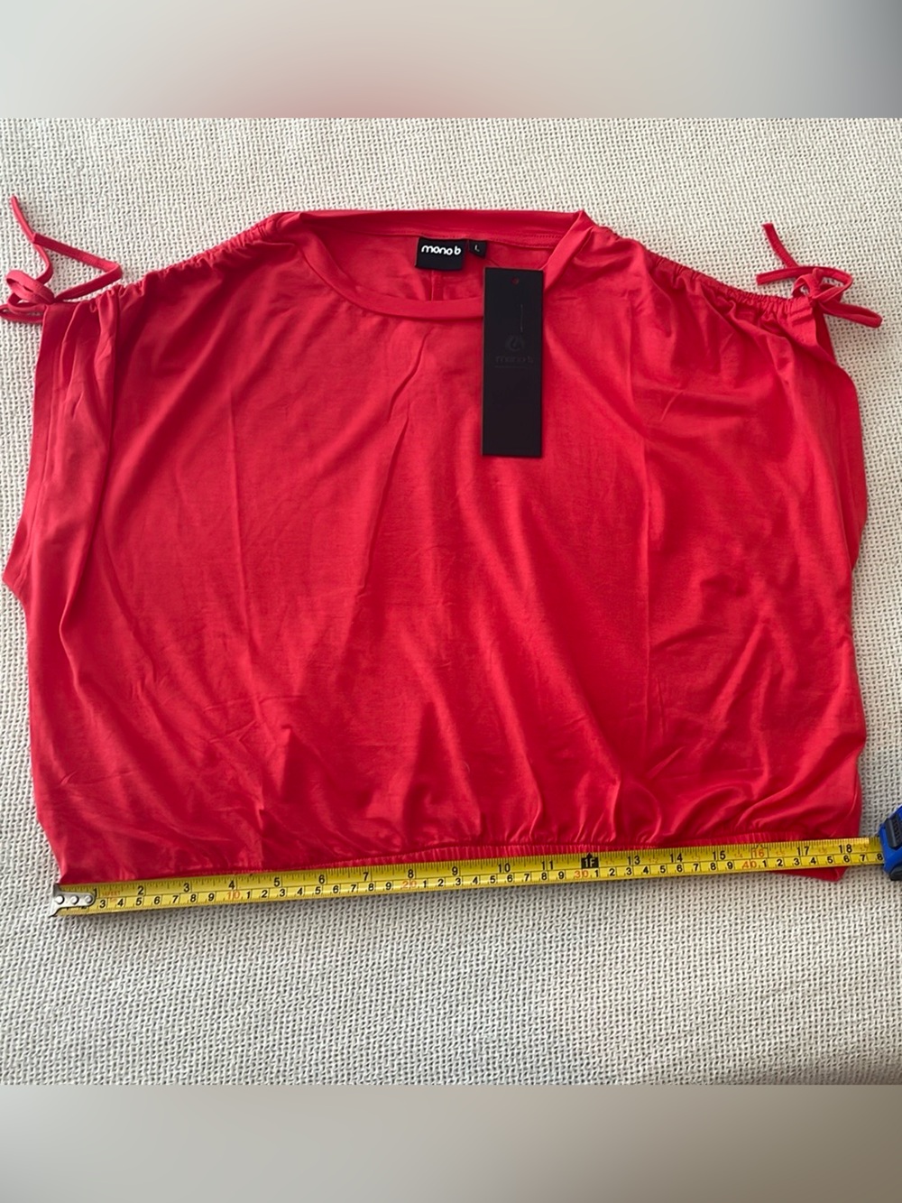 Mono B Red Crop Top Size L Tie Shoulder Cold Shoulder Elastic Hem NWT - Picture 3 of 7